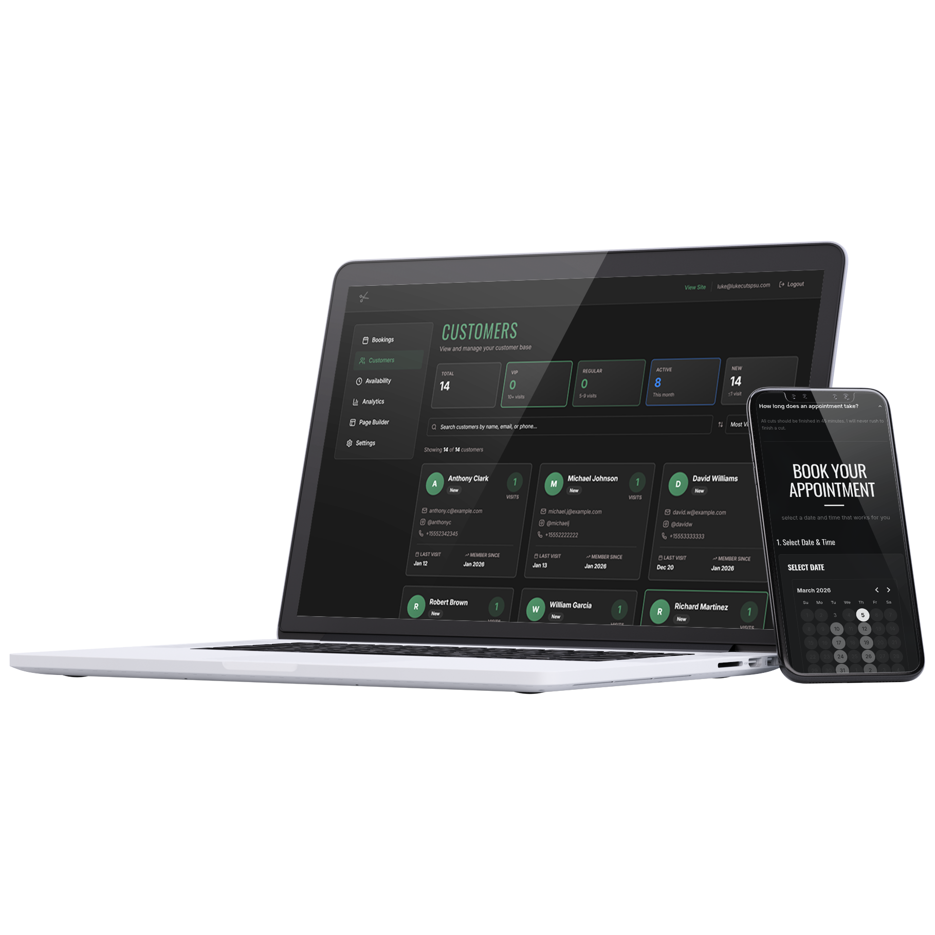 LukeCuts client management showing customer profiles and visit history